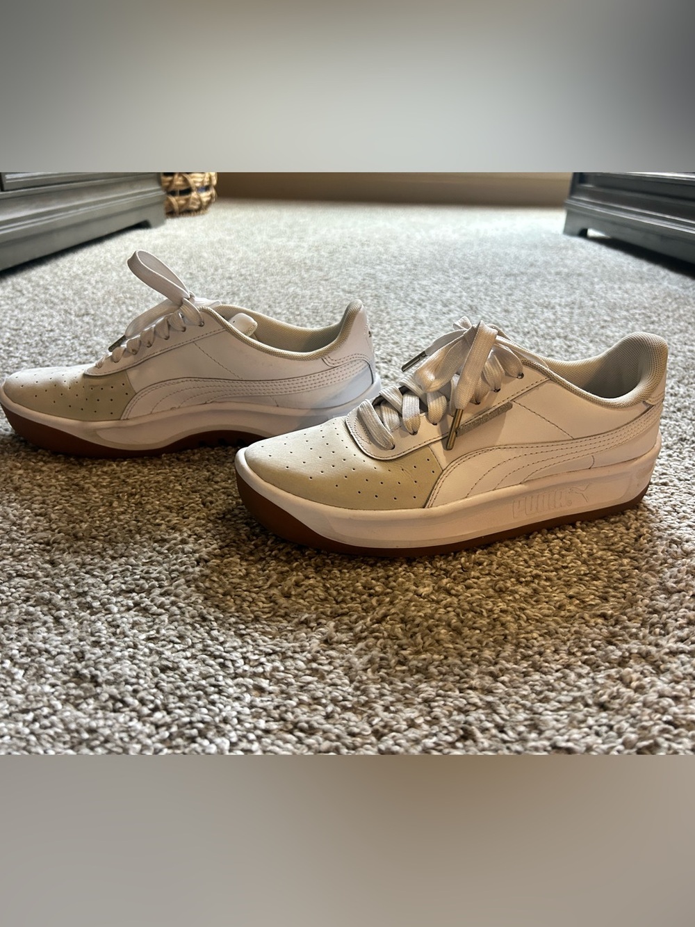 Puma White and Gum Platform Sneakers with Cream Toe